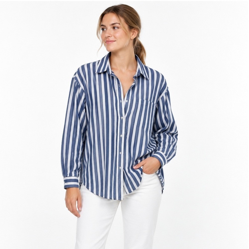 Gap Blue White Stripe Cotton Button Down Shirt XXL Coastal Preppy Oversized